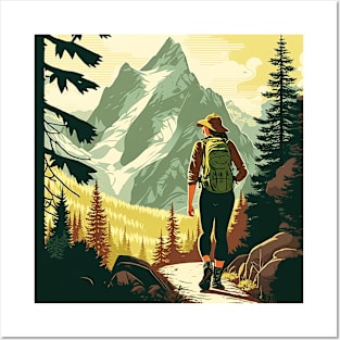 Woman Hiking in Forest Minimal Design, Adventure Mountain Posters and Art